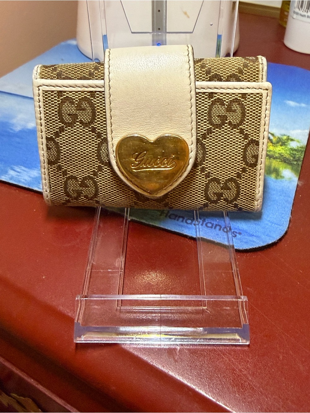 Gucci Beige and Brown Monogram key holder with Gold Heart Snap